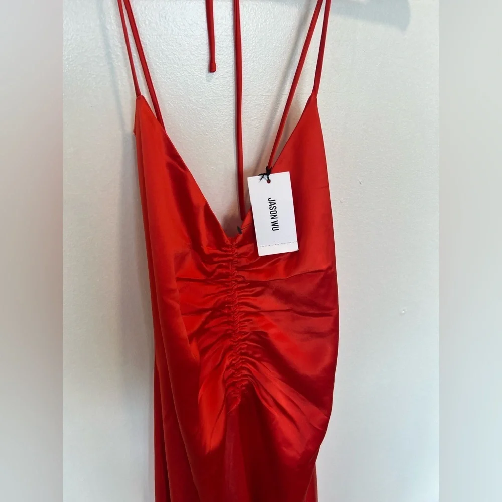 Jason Wu NWT Orange Strappy Ruched Plunge Neckline Midi Slip Dress Size Large - Picture 7 of 10